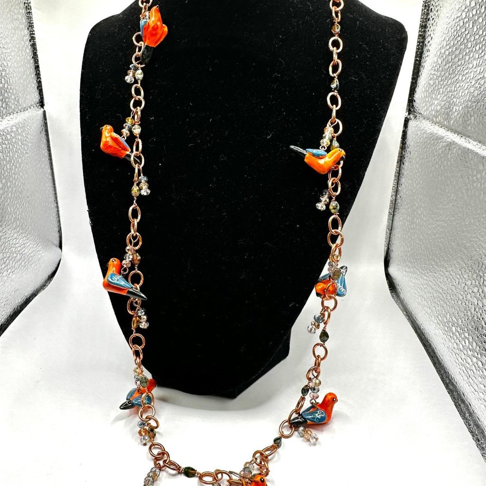 Cute Orange and Copper Parrot Bird Necklace, Bracelet and Matching Earrings